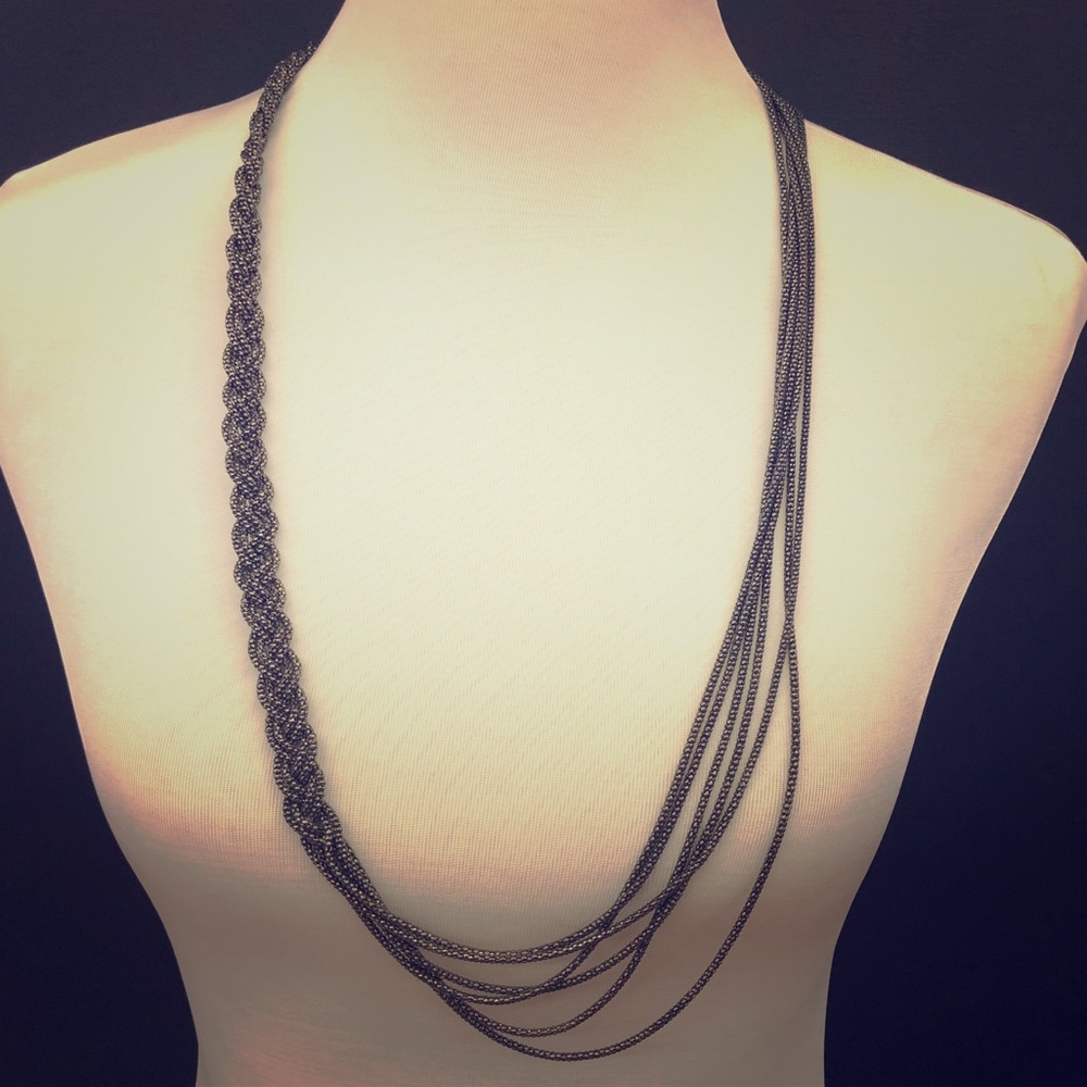 Dark Gray Assymetrical Beaded Necklace With Braid